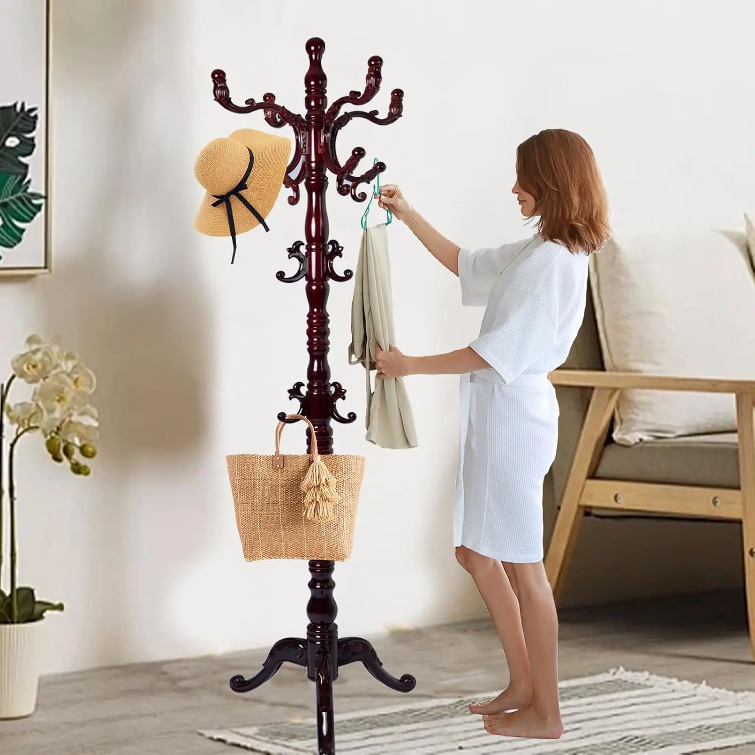 Solid Wood Coat Rack With 14 Hooks, Freestanding Birch Hanger With Triangle Base For Entryway Bedroom Office, Customized