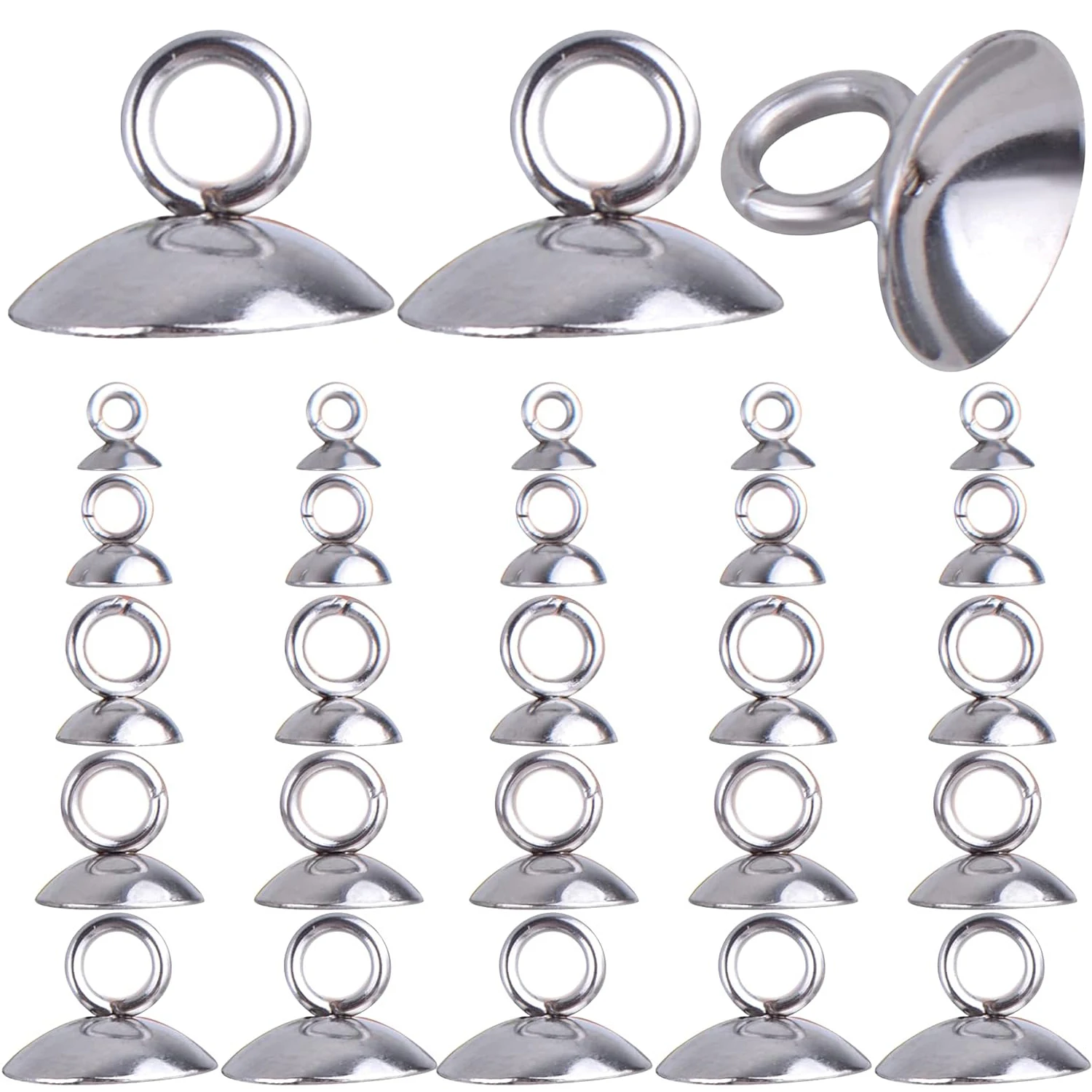 

50 шт. 5 размеров: колпачки для бусин, держатели для подвесок, круглые колпачки-держатели из нержавеющей стали, колпачки для бусин с петлей, соединители для бусин-шармов