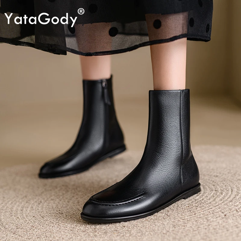 YATAGODY Women Ankle Boots Wide Calf Real Leather Side Zipper Stitched Short Boots Round Toe Flat Heels Western Boots Size 34-39