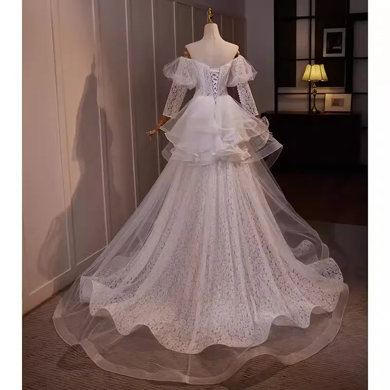 Vestido de noite feminino formal com renda, vestido de manga longa linha, vestido de casamento charmoso, robe de princesa