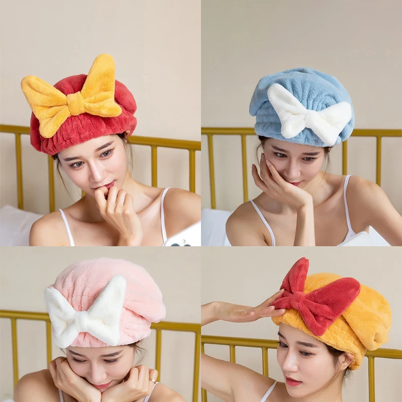 Coral Velvet Hair Drying Towels Super Absorbent Turban Hair Towel Cap Quick Dry Head Wrap Bow-Knot Shower Cap For Wet Hair