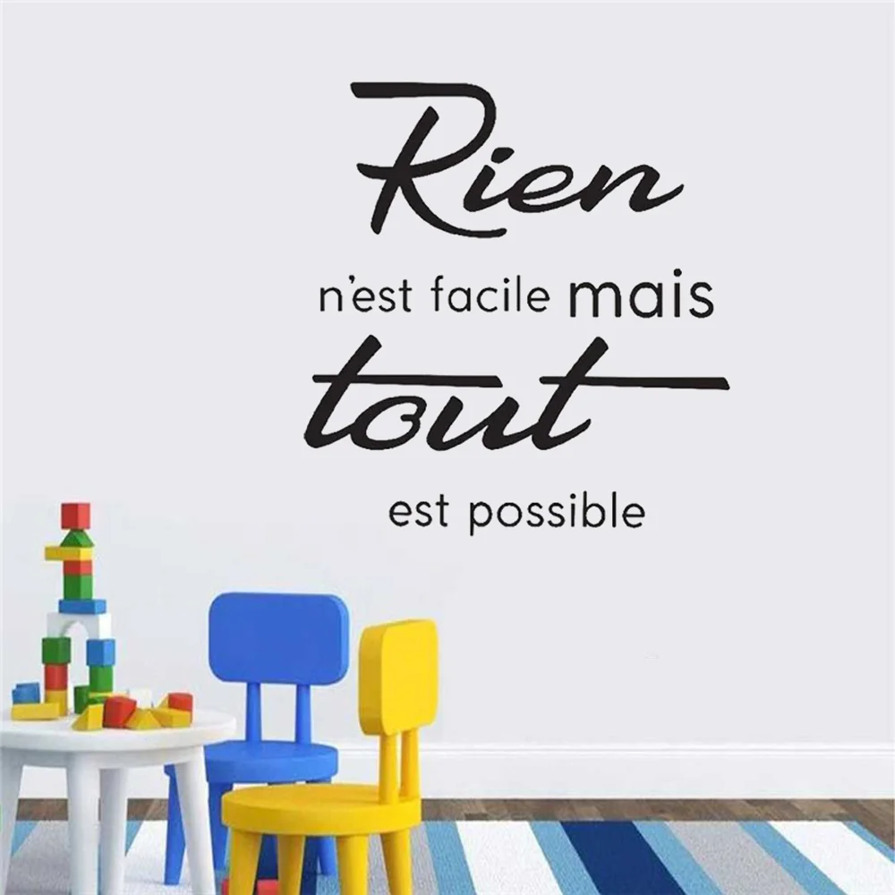 French Quotes Inspirational Wall Stickers Rien N'est Facile Mais Tout Est Possible Decals Vinyl Bedroom Living Room Decor Mural