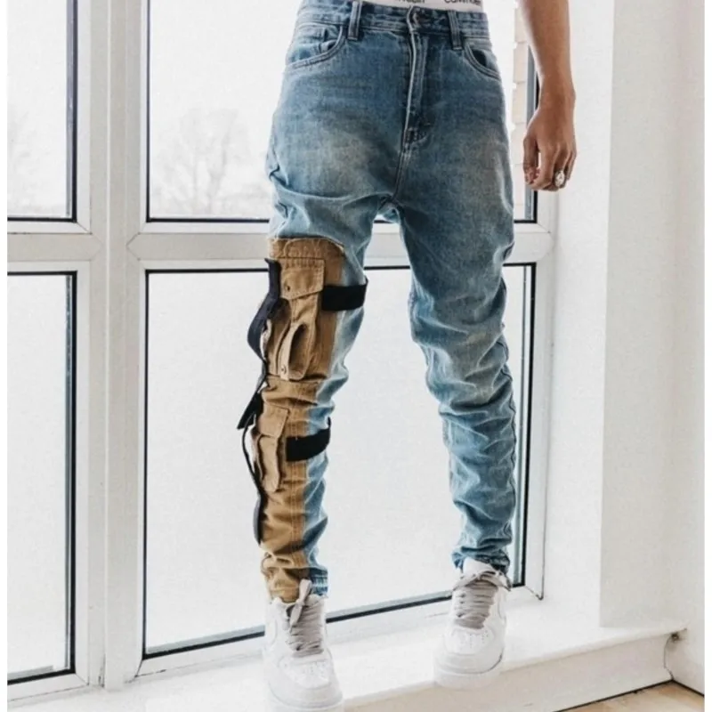 

Men's Fashionable Slim-Fit Stretch Cargo Pocket Jeans with Combat Clothes Distressed Feet