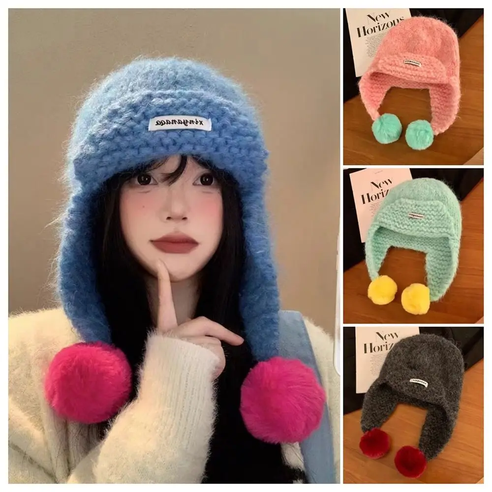 

High Quality Polyester Knitted Cap Casual Windproof Earmuffs Hat Warm Sweet Pullover Hat Women Men
