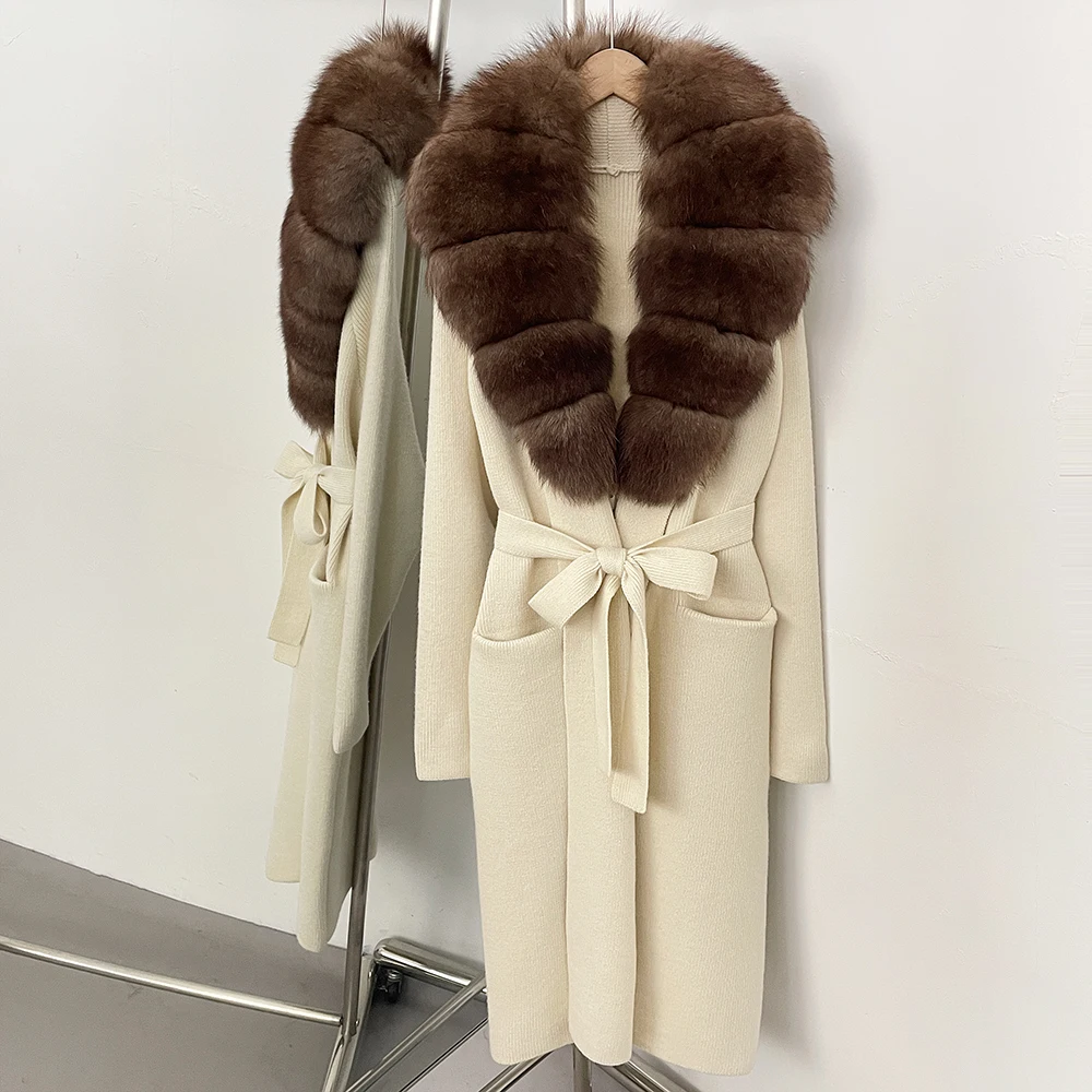 เสื้อคลุมคาร์ดิแกนหรูหราสำหรับผู้หญิง ขนสัตว์ธรรมชาติ เสื้อถักไหมพรม เสื้อสเวตเตอร์ผู้หญิง เสื้อแขนยาวผู้หญิง เสื้อแจ็คเก็ตขนสัตว์แท้ถัก