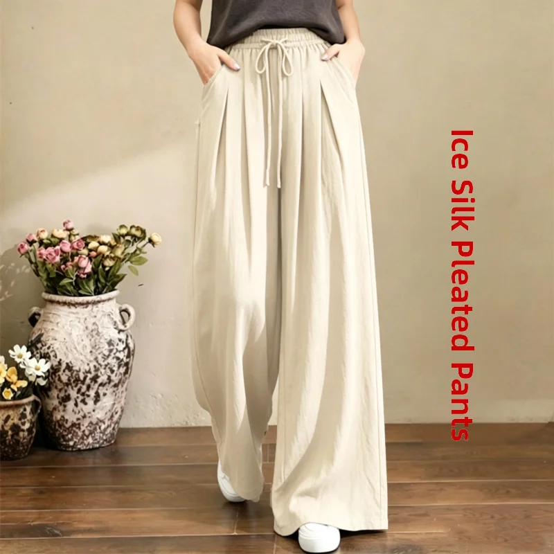 Large Size Ice Silk Drawstring Waist Wide Leg Pants Women's Loose Summer Trousers Casual High Waist Polyester Fiber