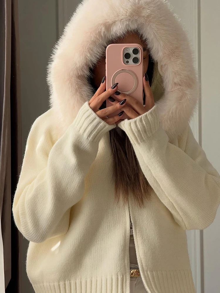 Tuularose Winter Weibliche Pullover Hoodie Strickjacke Flauschigen Zipper Patchwork Langarm Rippen Solide Stricken jacke Mantel Frauen Strickjacke