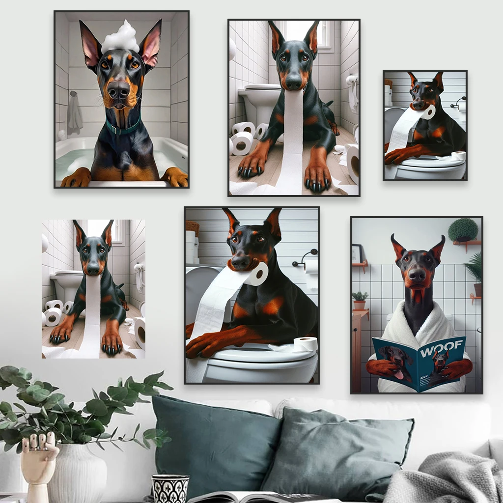 Doberman Funny Dog Toilet Art Poster Fashion Doberman Pinscher Bathroom Wall Art Prints Modern Humor Toilet Canvas Painting