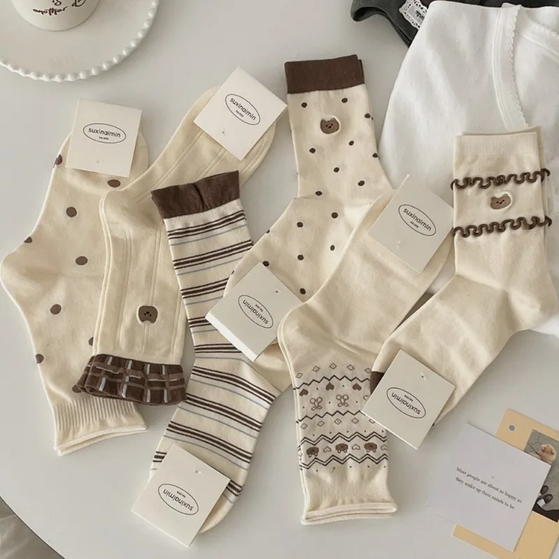 6 Pairs Cute Cartoon Embroidered Brown Socks Women's Spring and Autumn Frilly Socks Cotton School Socks for Girls High Quality