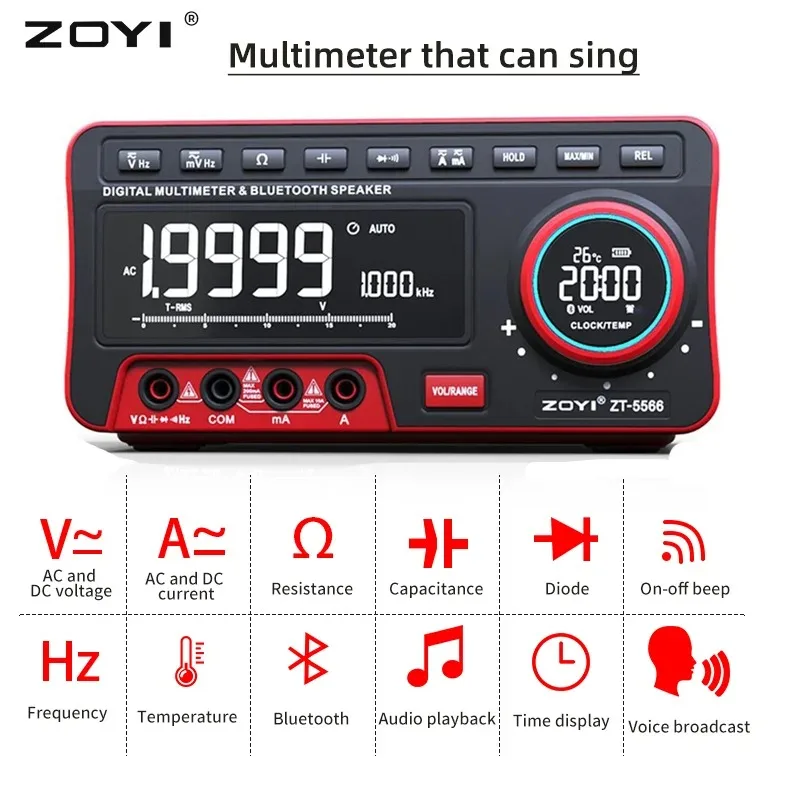 Mini Desktop Multimeter ZT-5566 Dual Screen EBTN 19999 Display Multimetro + Wireless Speaker Voltage Current Cap Hz Tester