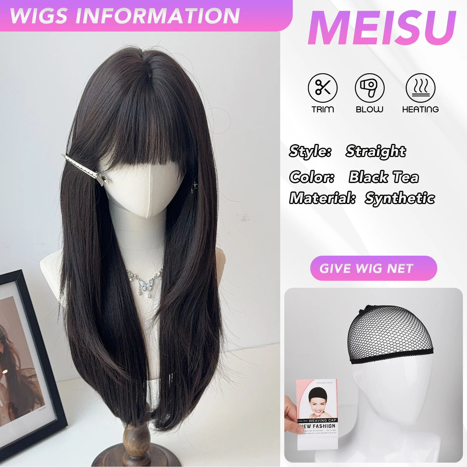 MEISU 26 Inch Synthetic Air Bangs Wig Straight Layered Straight Wigs Fiber Heat-resistant Party or Selfie For Women Daily Use