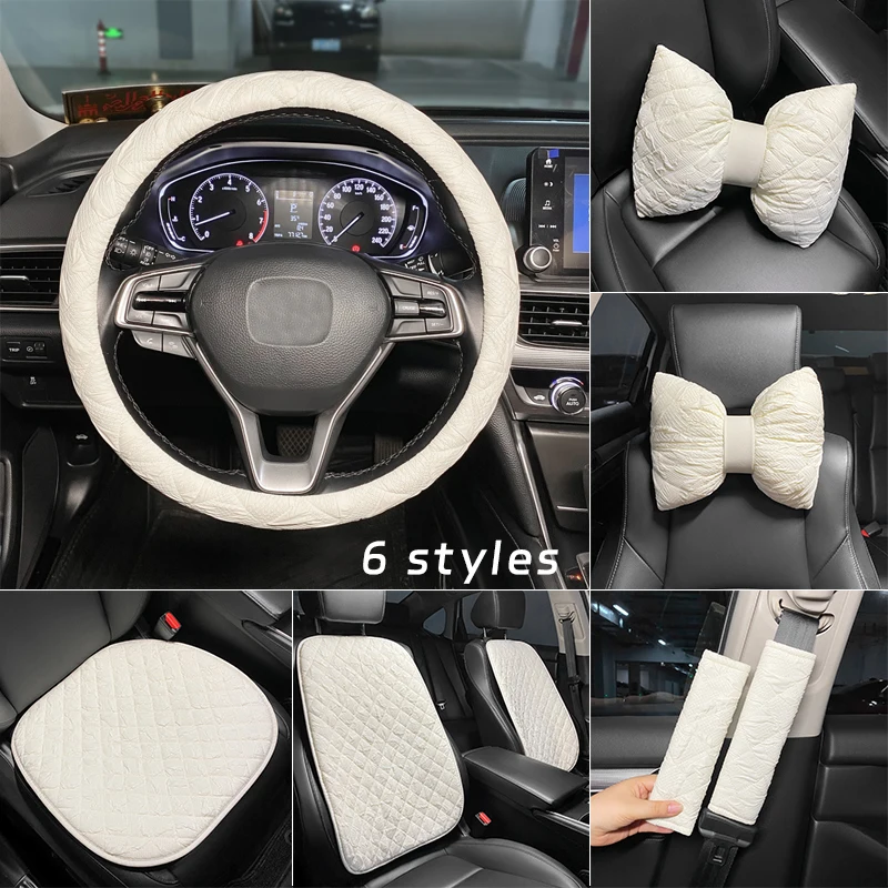 Luxury Car Cushion Seat Cover White Lace Bubble Women's Auto Luxury Interior Cover Bow Tie Headrest Waist Pillow Seat Belt Cover