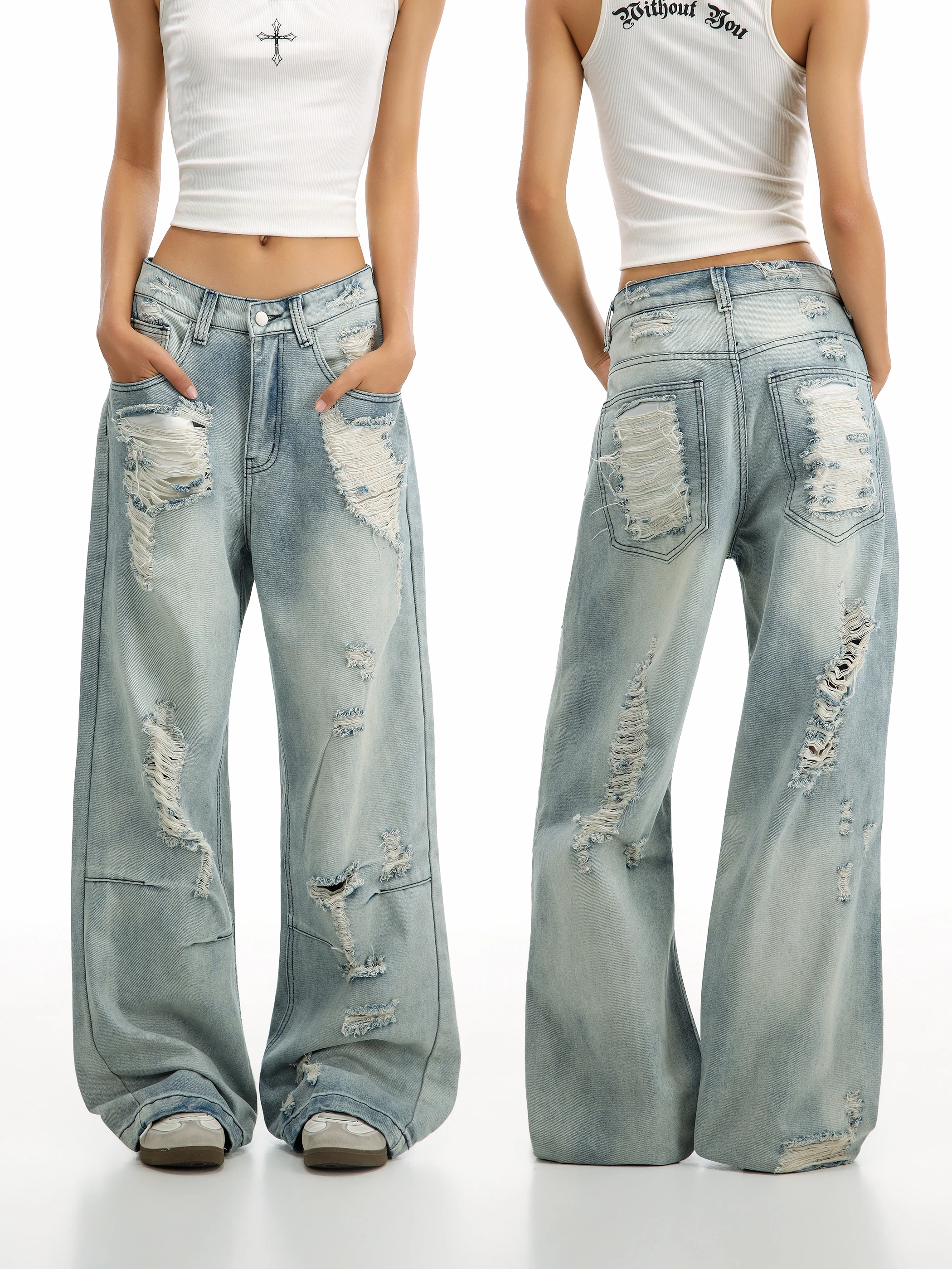 

Retro American Style Wide Leg Jeans Women's Light Blue Casual Pants Torn Hem Draping Floor-Length CTBCAPTAINBEER Denim