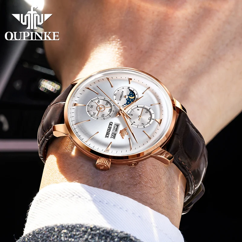 OUPINKE ブランドメンズ腕時計ブラウンレザーストラップ自動機械式腕時計男性用多機能日付メンズ腕時計