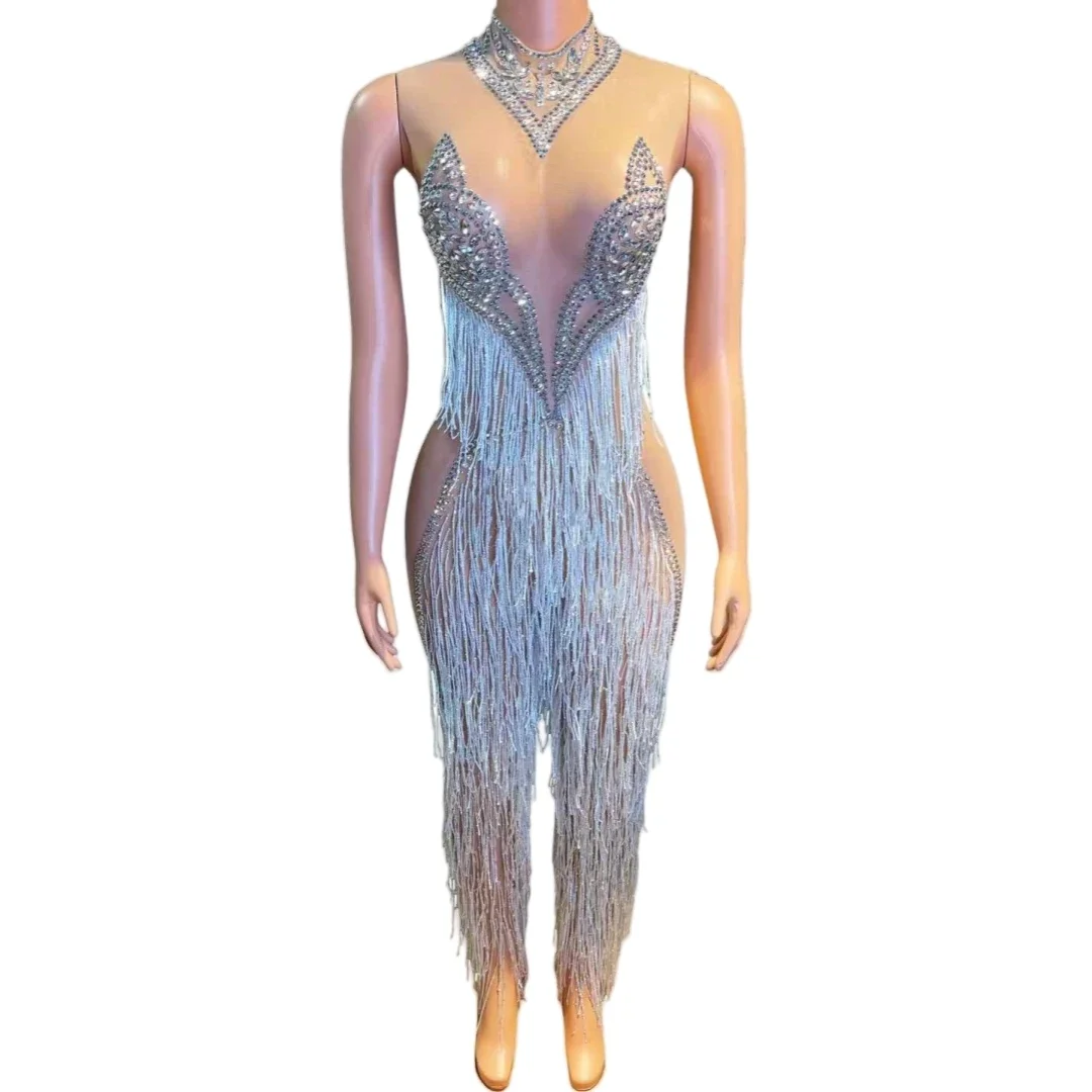 

Women Fringe Rhinestone See Through Mesh Jumpsuits Dancer Singer Performance Outfits