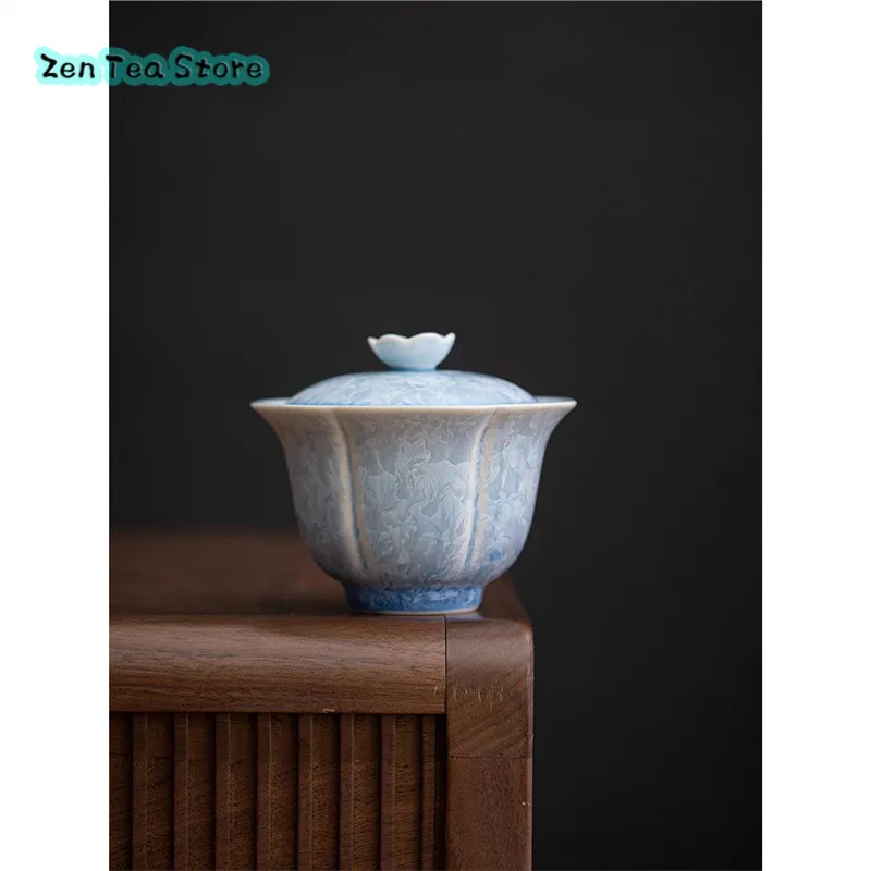 Two Lid Bowl High Appearance Level Blue Ice Kung Fu Tea Set Home Non-hot Tea Bowl Tea Set