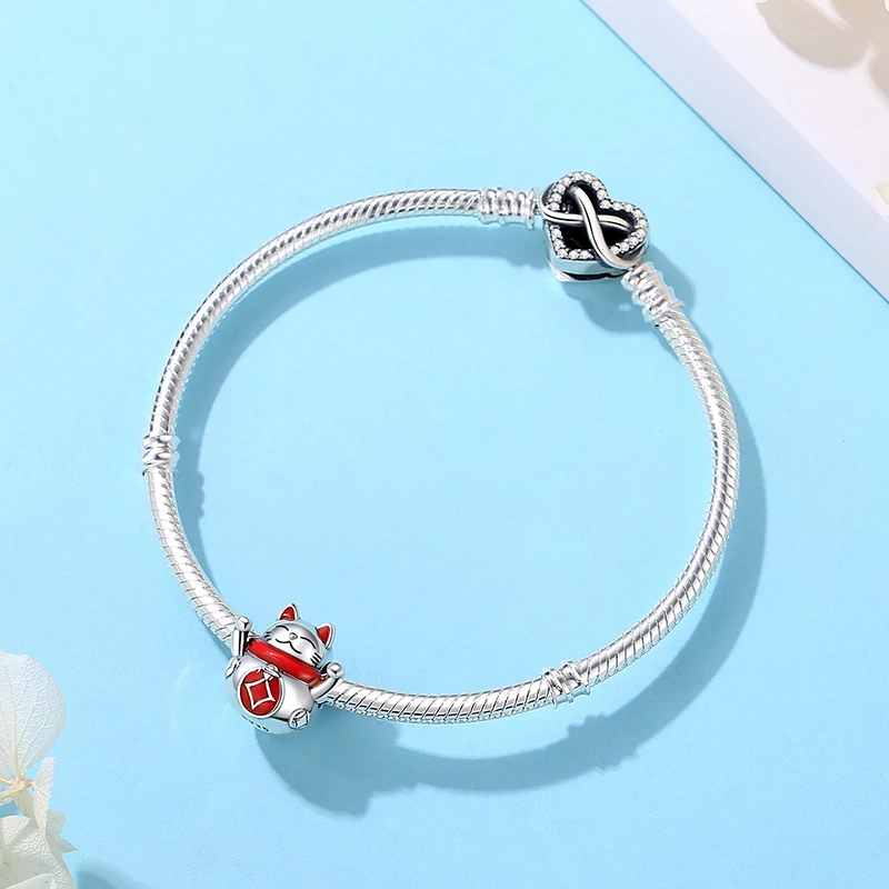 Ciondoli originali in argento Sterling 925 Maneki Neko Lucky Fortune Cat Beads Pave CZ Fit Pan Brand bracciali collane gioielli da donna