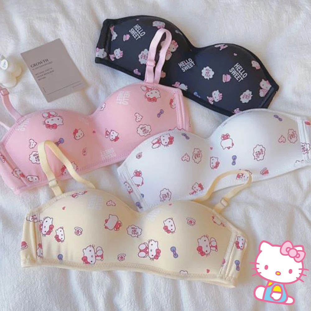 Kawaii Hello Kitty Women Underwear Set Sanrio Anime Cotton Small Breasts Thin Bra Underpants Cartoon Student Sweet Girl Fashion