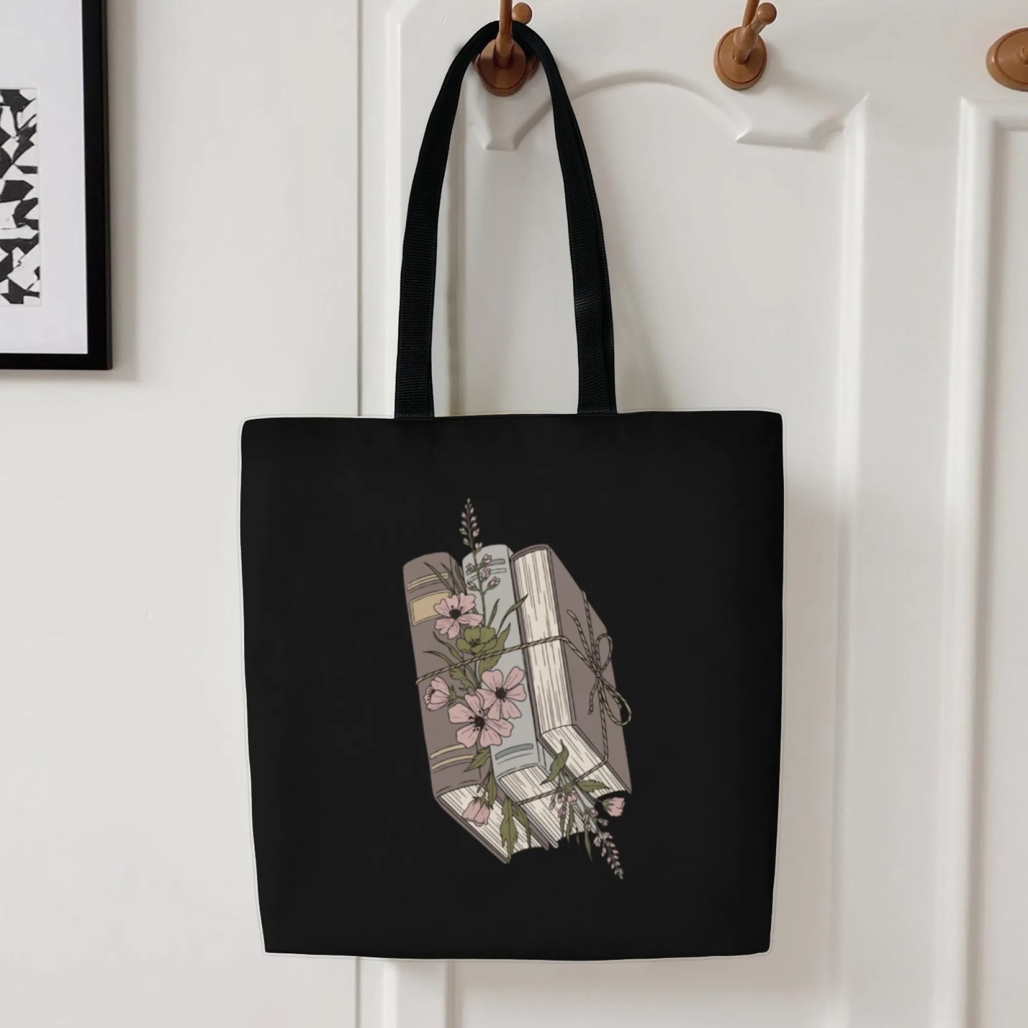 حقيبة كتف قماشية سوداء أدبية للكتاب وحقيبة كتف بتصميم زهور للنساء حقيبة تسوق صديقة للبيئة لزيارات مكتبة الكتب المدرسية وغير الرسمية #4