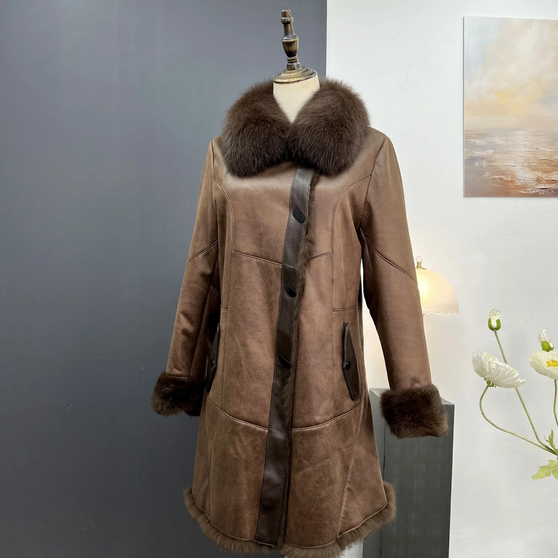 Winter Clothing New Haining Fur Coat Real Collar Rabbit Fur Coat Women's Long Mom's Clothing