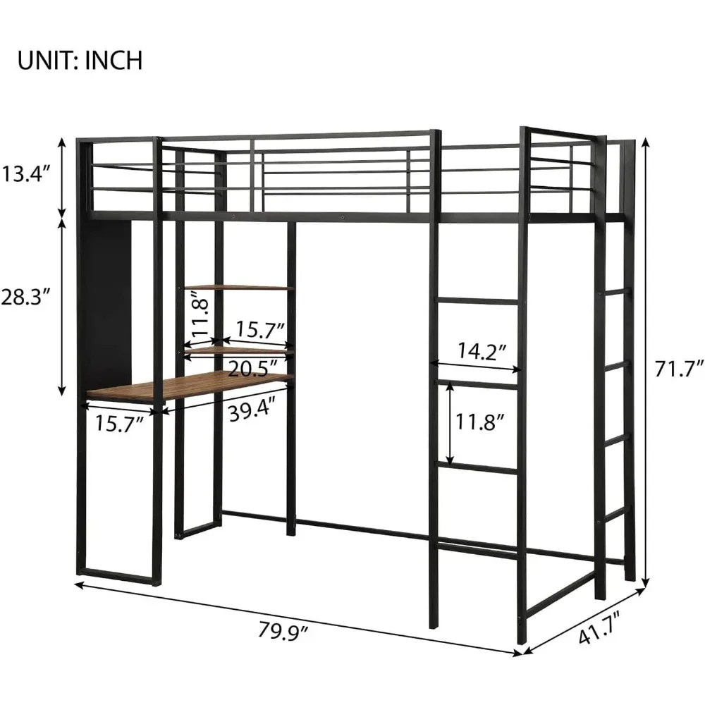 Metal Loft Bed with Desk and 2 ShelvesTwin Bed Frame Metal Slat Support Mattress Foundation No Box Spring Needed Bed Frames