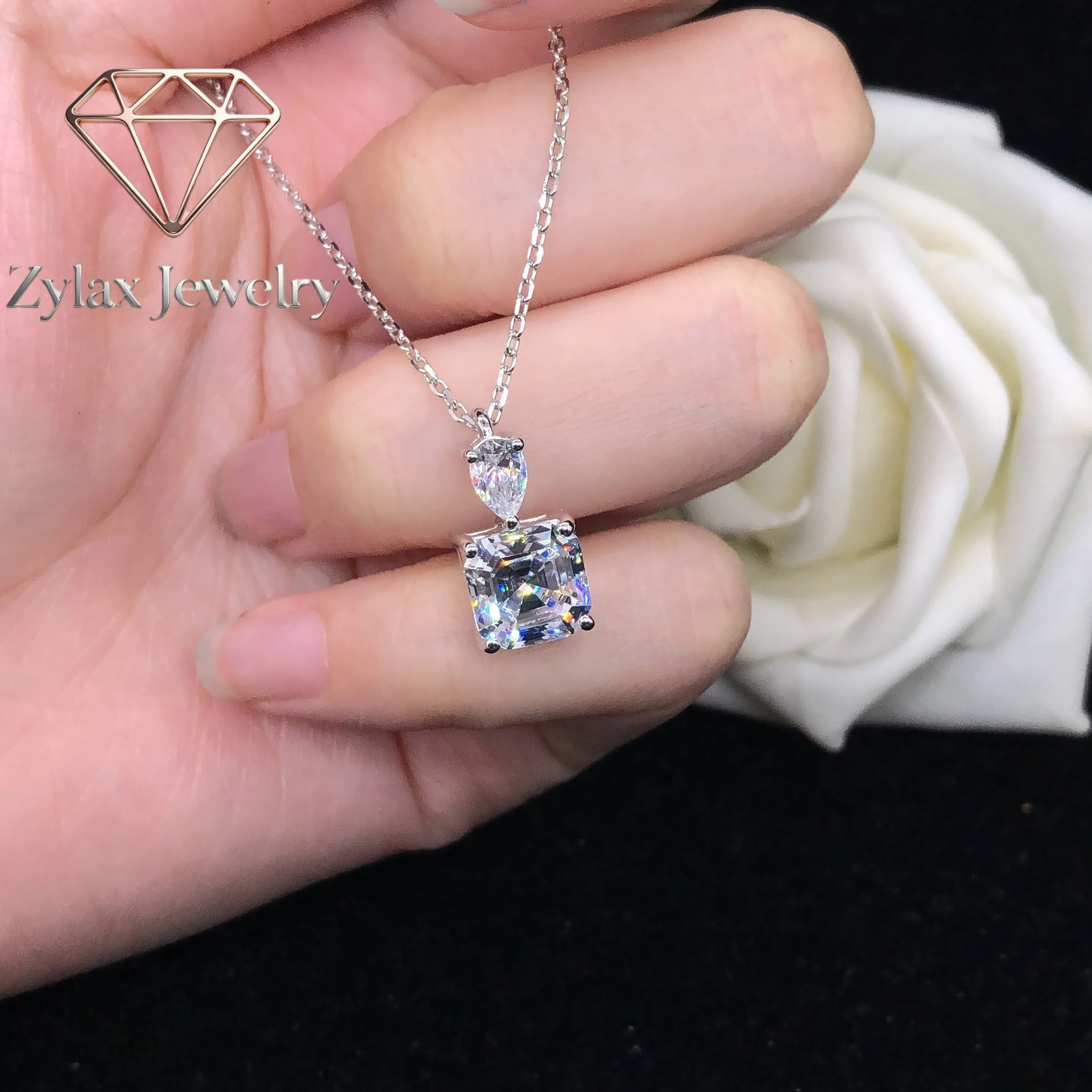 Zylax Jewelry Bonzer 3Ct Asscher Cut D Color Moissanite Pendant for Women Solid Platinum 950 Wedding Pendant Necklace P072