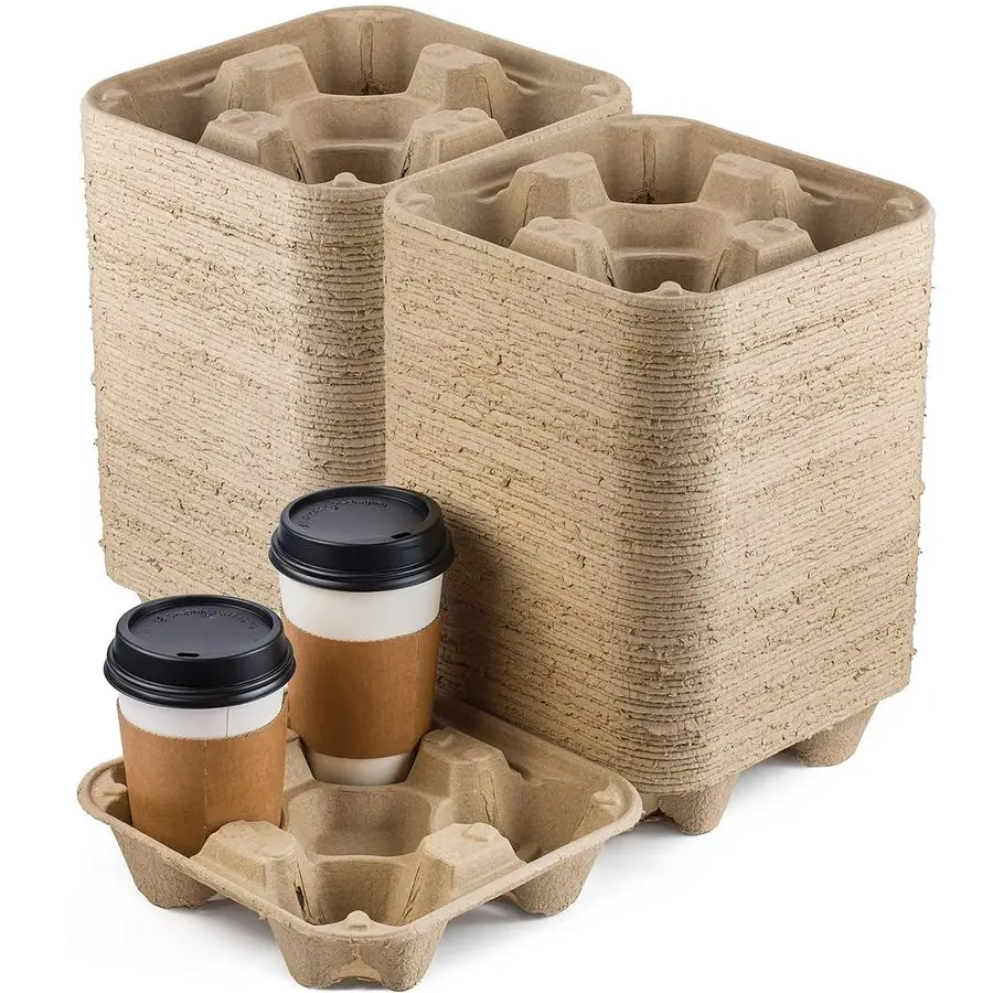 Bandejas Portavasos Desechables para 4 Vasos, Paquete de 80 Portavasos Compostables de Fibra de Pulpa para Vasos de 832 oz, Portavasos Resistentes para Llevar
