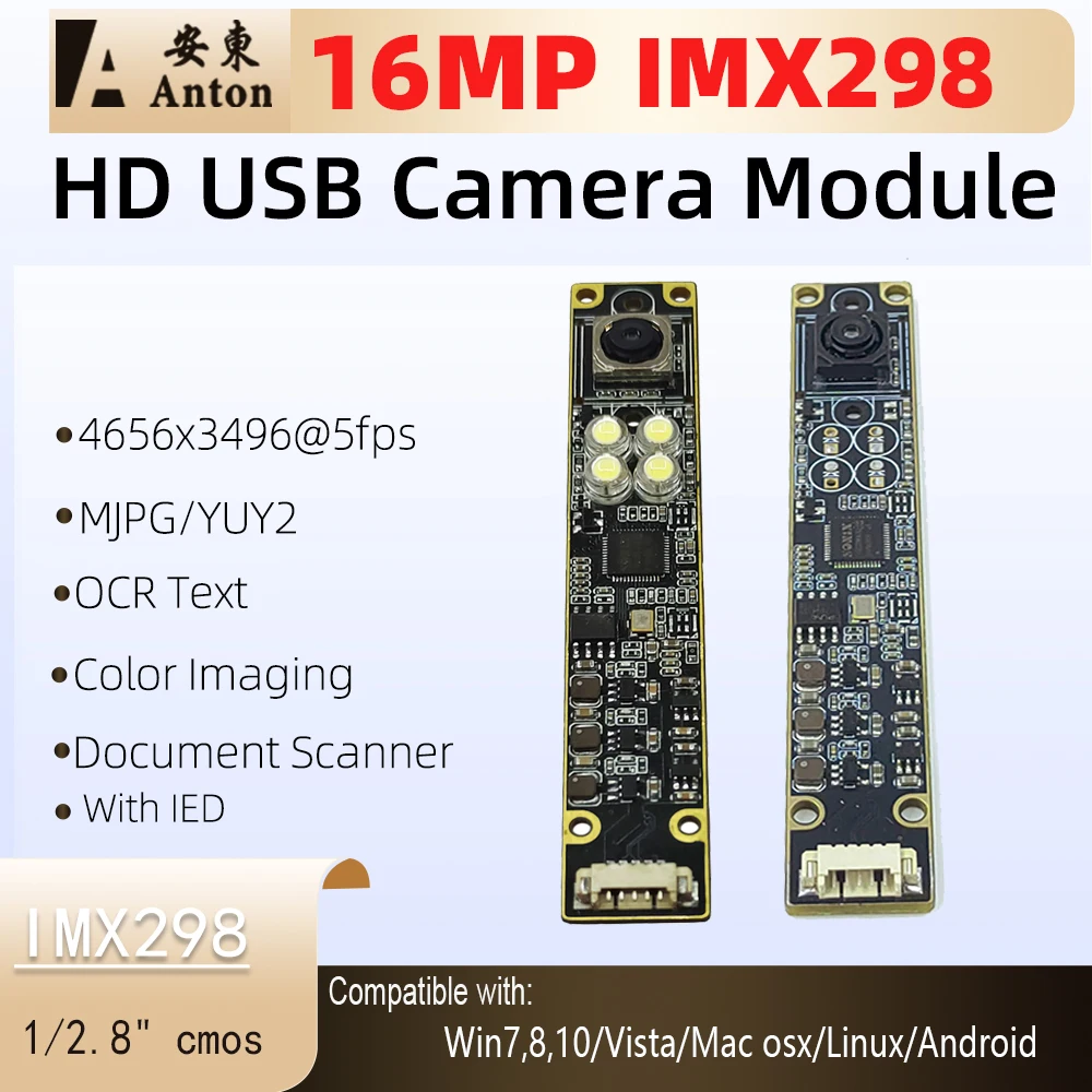

Модуль камеры для высокоскоростного сканера документов 4K 16 МП IMX298 AF/FF 71 ° USB2.0 OCR-сканер документов с LED-подсветкой и функцией OCR-партикуляции текста
