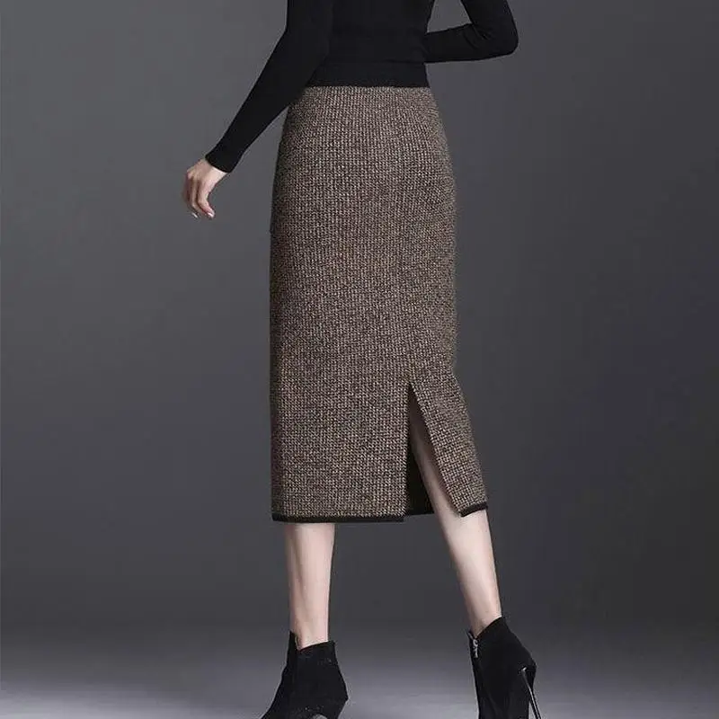 الخريف الشتاء المرأة ميدي محبوك تنورة الإناث تنورة عالية الخصر رشاقته جيوب ضئيلة خطوة واحدة الورك التنانير #2