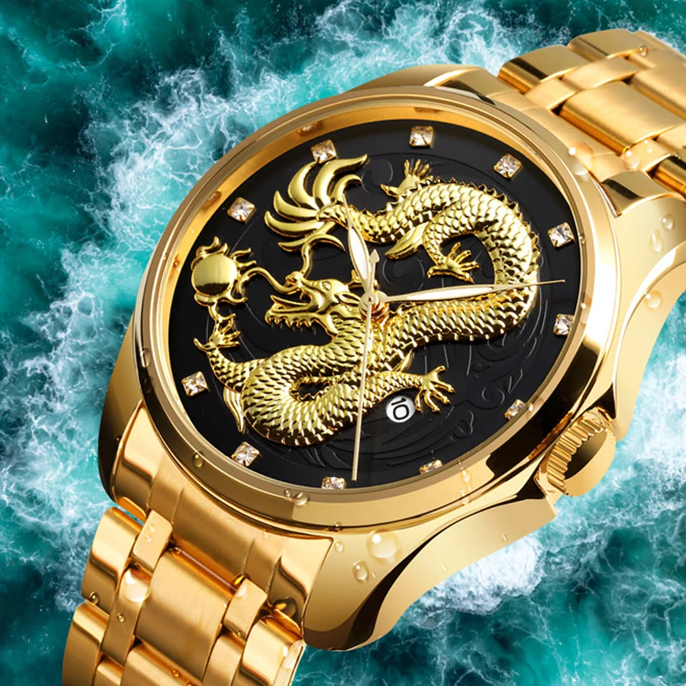 

Men's Vintage Quartz Watch Golden Pattern Waterproof Sports Hiking Traveling Wristwatch Men Watch