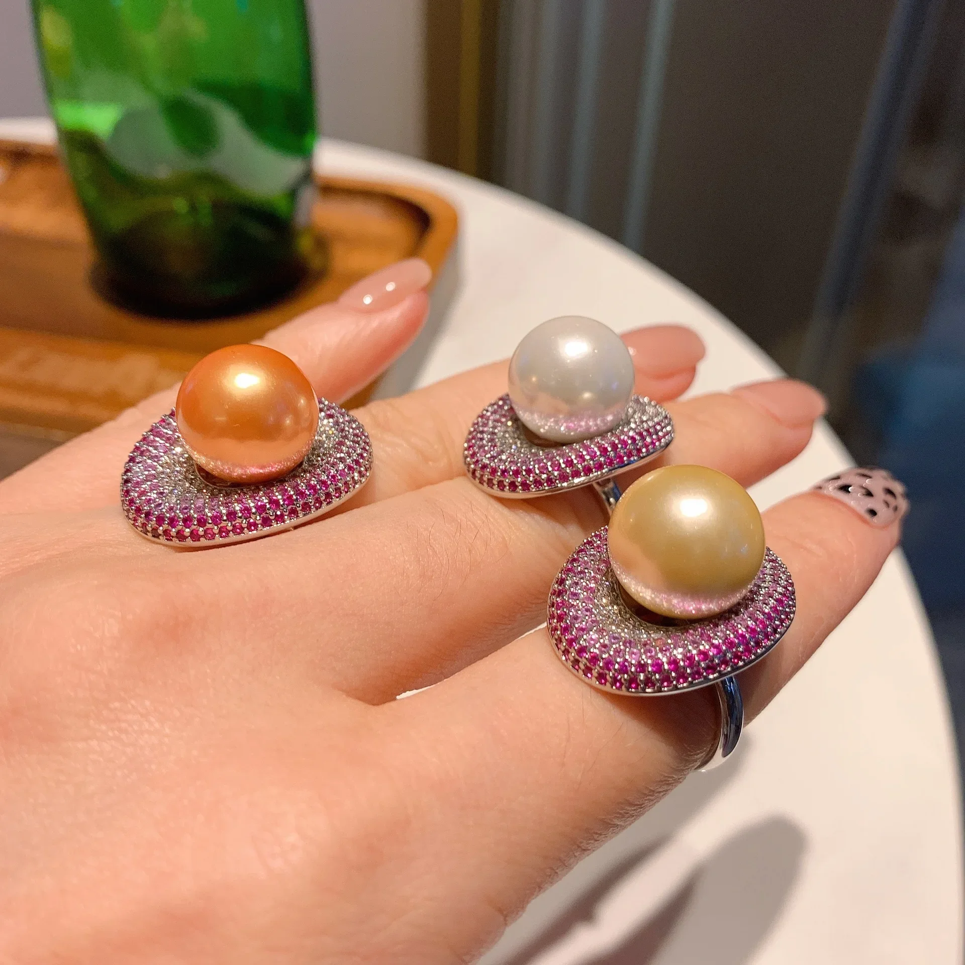 

Gold White Big Pearl Cubic Zirconia Love Adjustable Ring Colorful Retro Luxury Jewelry Gifts for Original Women Lady Party Gift