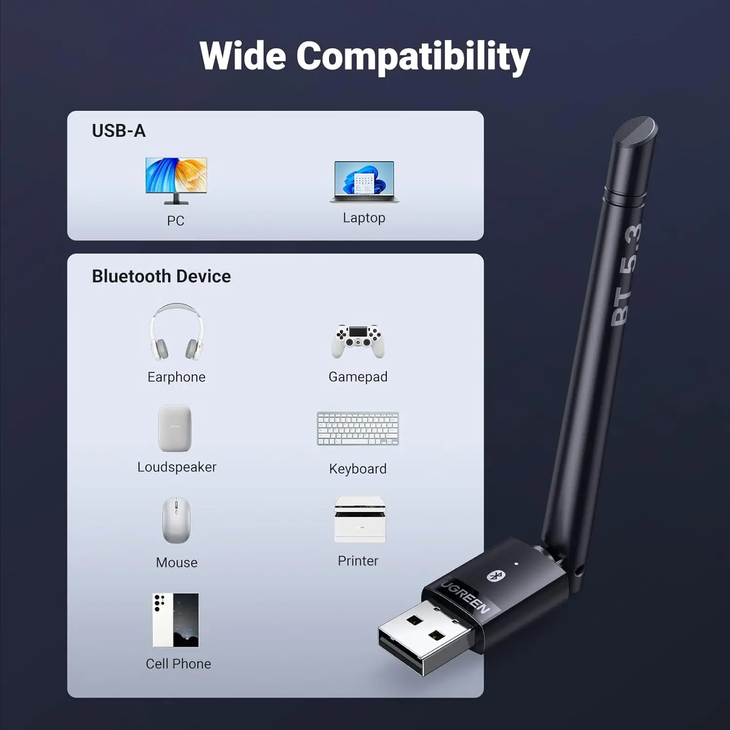 UGREEN Long Range Bluetooth 5.3 Adapter for PC 28FT/100M USB Bluetooth Dongle Wireless Bluetooth Transmitter Receiver