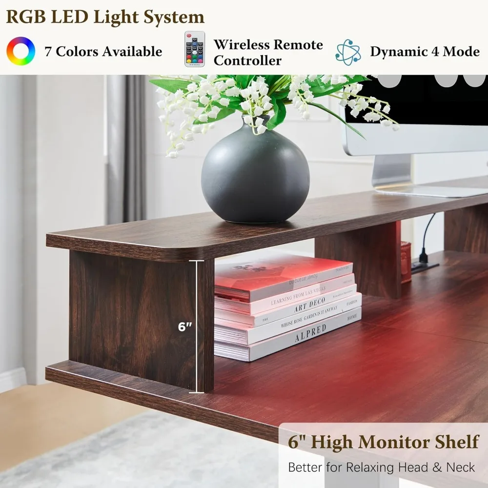 Electric Height-Adjustable Desk with Sit-Stand Capability, Integrated Keyboard Tray, Power Outlets, LED Lighting, and Monitor Sh