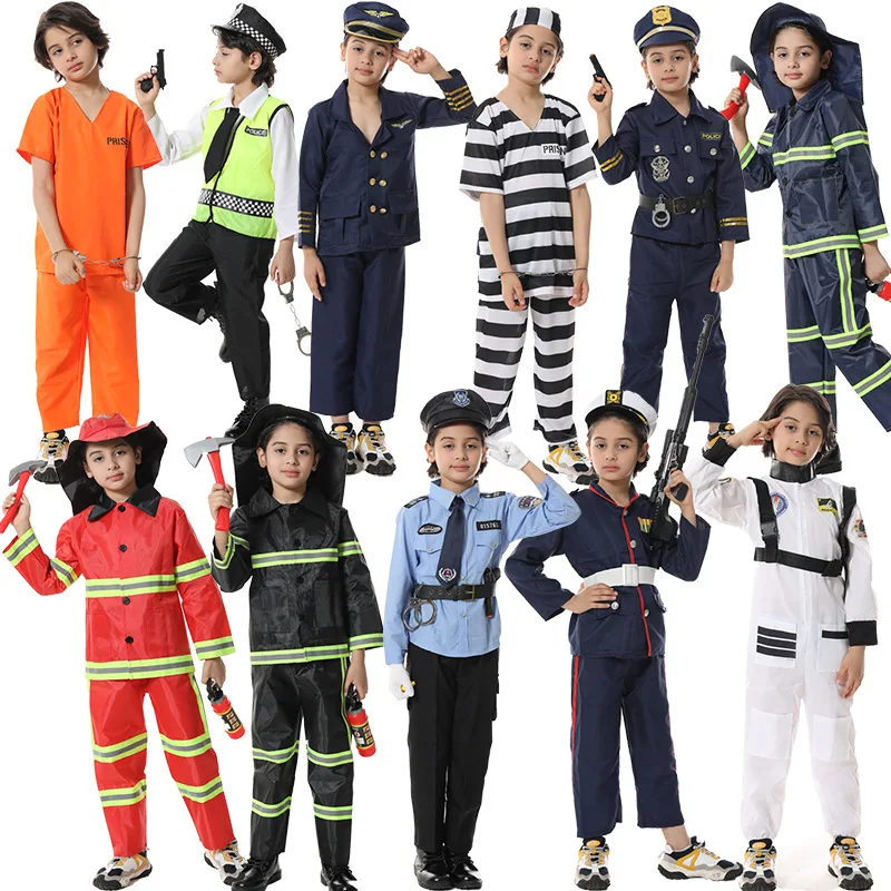 

2026 New Halloween Firefighter Costume Children's Day Police Lawyer Pilot Doctor Worker Role Play Outfit Kids' Party Wear