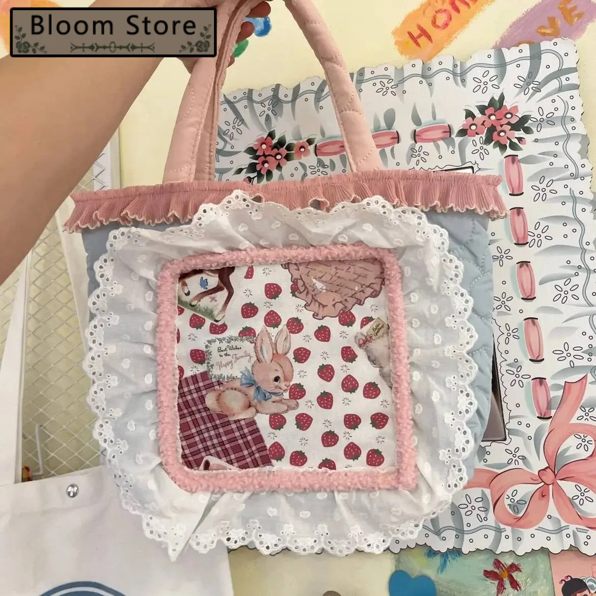 

Bloom Sweet Lace Y2k Tote Bag Women Vintage Fairycore Patchwork Denim Handbag Ladies Retro Haruku Cute Handbags Aesthetic
