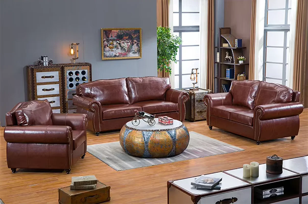 Sofá de Couro Real Estilo Americano Moderno com Puff, Design de Móveis para Sala de Estar