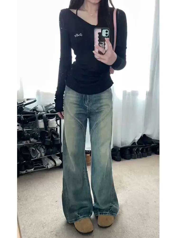 

American Style Retro Slim Wide Leg Jeans Women's Spring Autumn High Waist Loose Slimming Drapey Straight Floor-Length Pants