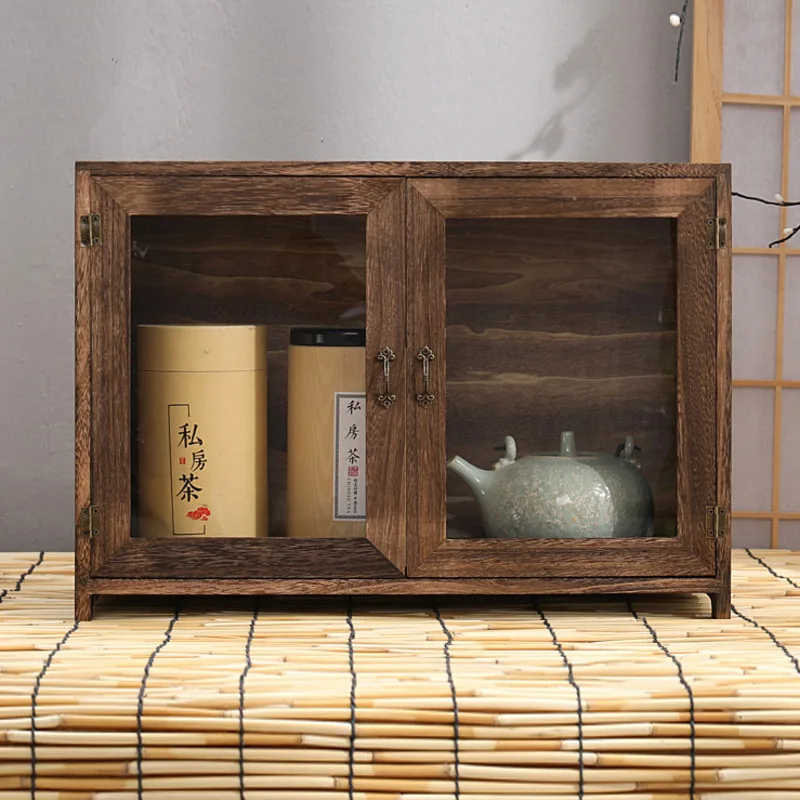 New Chinese Solid Wood Tea Storage Desktop Dustproof Cabinet Cosmetics Organizer Bo Gu Rack Eco-Friendly