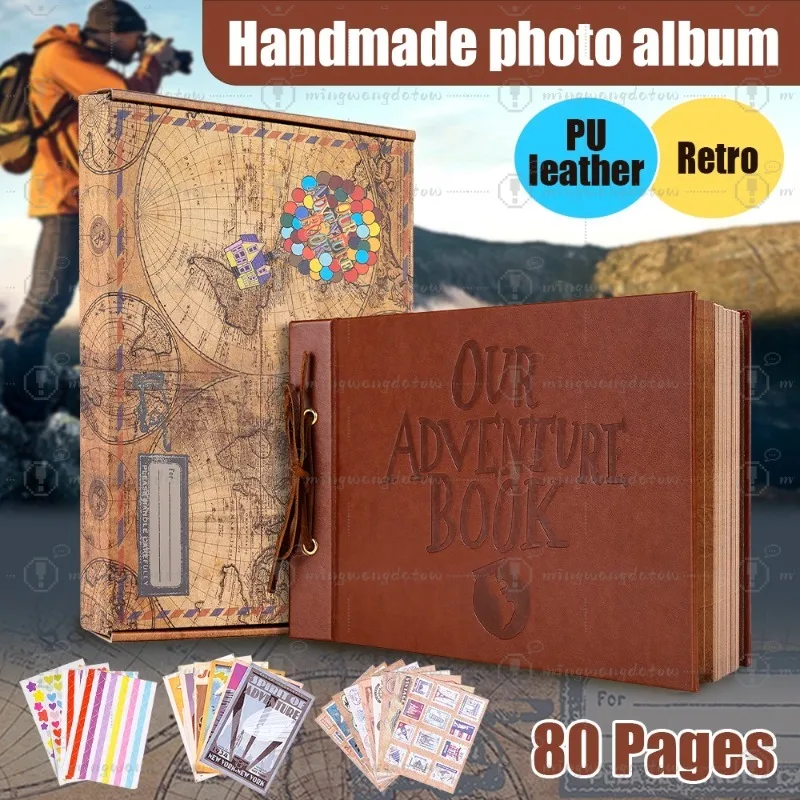 Our Adventure Book PU Leather Scrapbook 80 Pages Photo Album Memory Book with Gift Box Stickers for Travel Wedding Birthday Gift