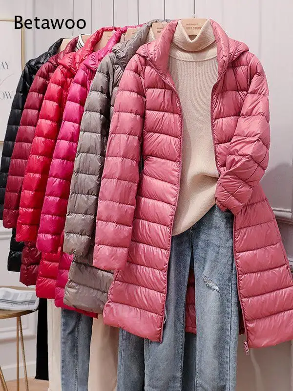 Ladies Solid Red Hooded Quilted Puffer Jacket Long Sleeve Zipper Front Casual Mid Length Down Alternative Coat