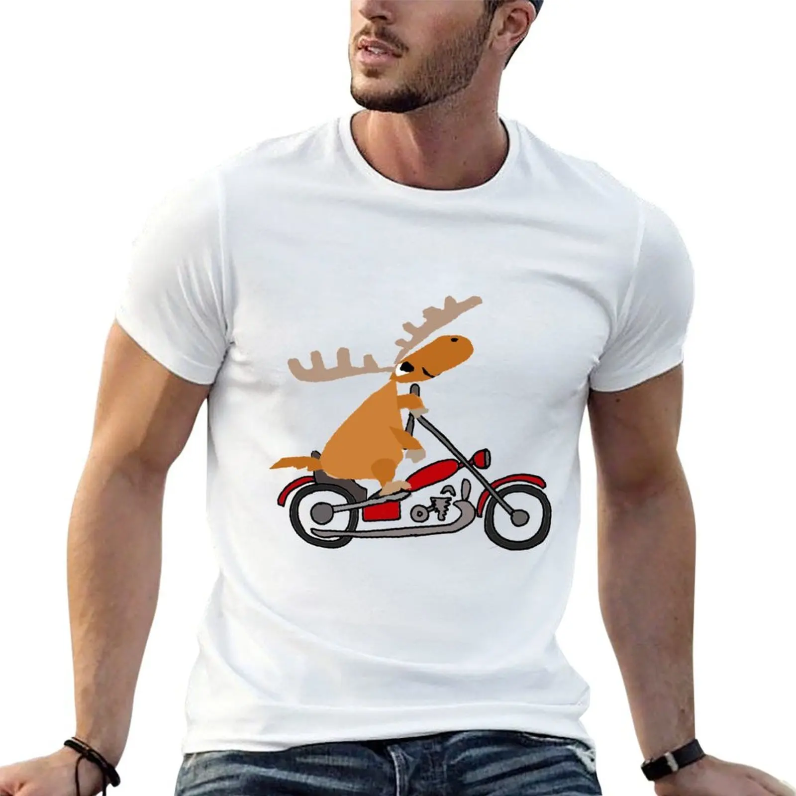 Funny Moose Riding Motorcycle Cartoon T-Shirt man graphic t shirt man t shirt cotton high quality T-Shirt