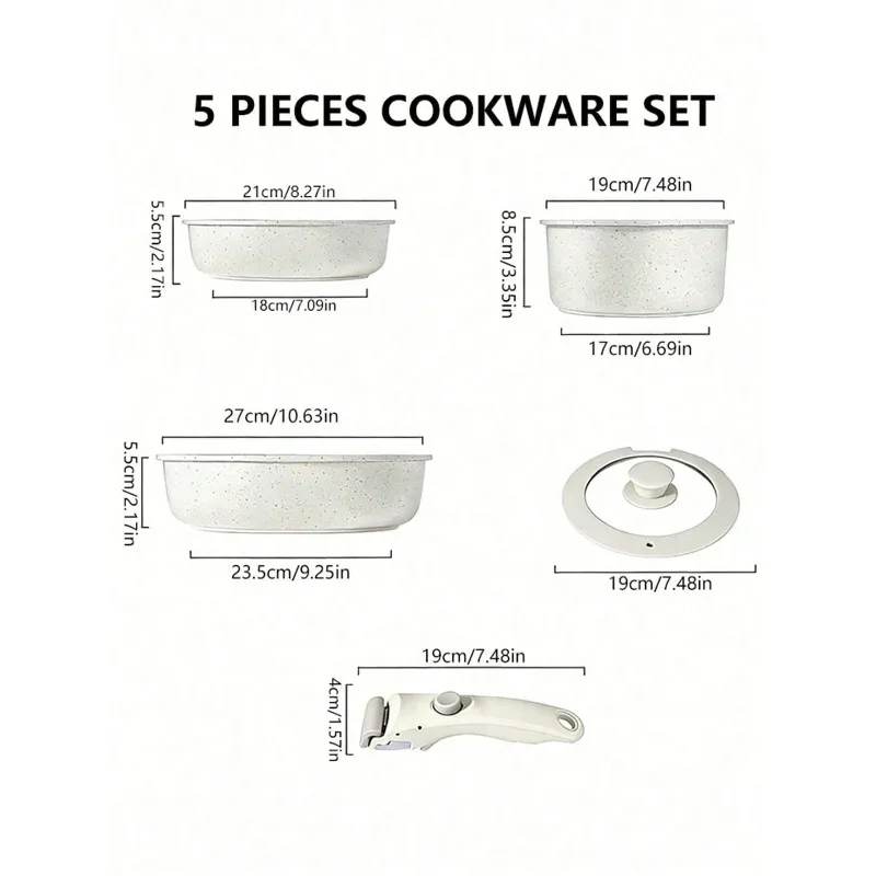 5pcs Minimalist Beige Cookware Collection With Detachable Handles, Multi‑Piece Cooking Pot And Frying Pan Set, Space‑Efficient Kitchen Gear For Daily Home Cooking, Small Apartment Kitchen Setup And Weekend Family Meal Preparation