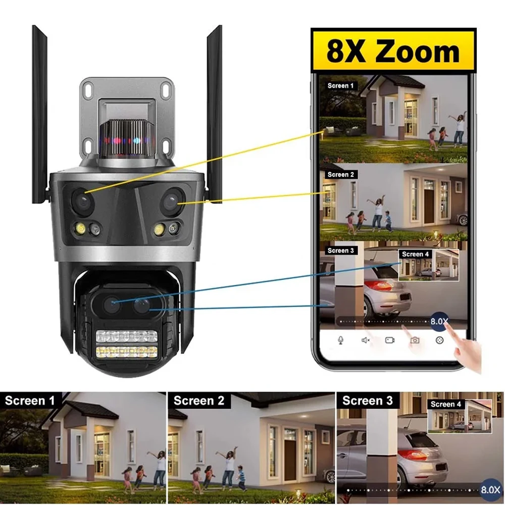 ICsee Security Camera 8K 16MP Four Lens 8X Zoom Outdoor WiFi Wireless CCTV Video Surveillance Auto Tracking Home Protection