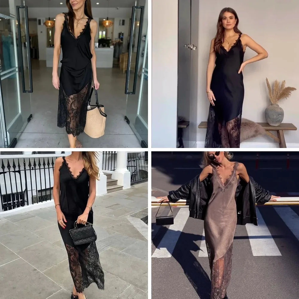 

Chic Lace Sling Dress for Women - Sexy Off Shoulder Backless Satin Gown with Irregular Hem