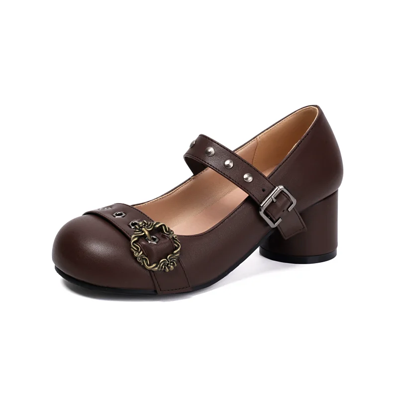Retro Lolita Big Head Shoes Bow Single Shoes Women's Large Size 43 45 48 Round Heel Riveted Brown Leather Shoes