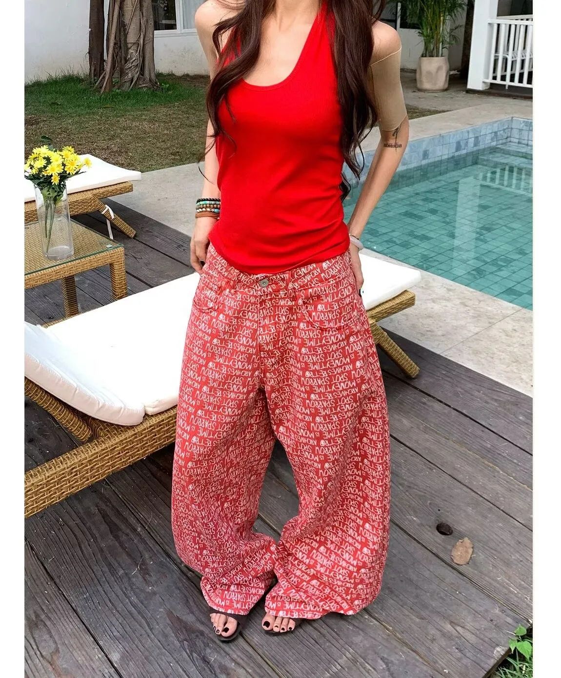 Retro American Washed Digital 3D Printed Wide Leg Jeans Floor-Length Pants Vacation Beach Wide Legs Print Trousers