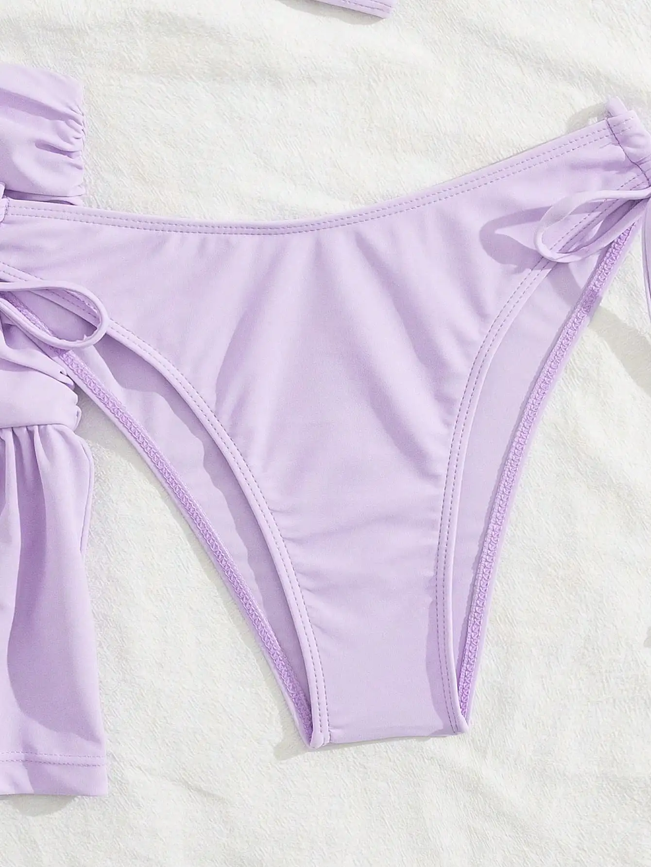 

3pcs Purple Bikini Set With Ruffle Skirt Adjustable Straps Solid Color Beach Swimwear