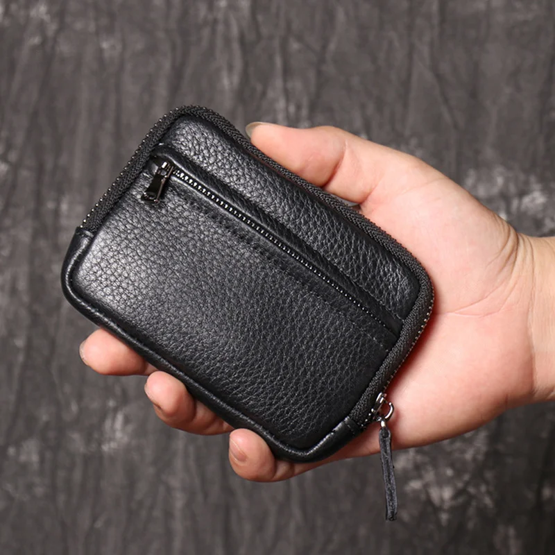 Genuine Leather Suitable for Men Women Pocket Wallets Mini Zipper Small Purses Retro Key Holder Money Bag Coin Change Purse