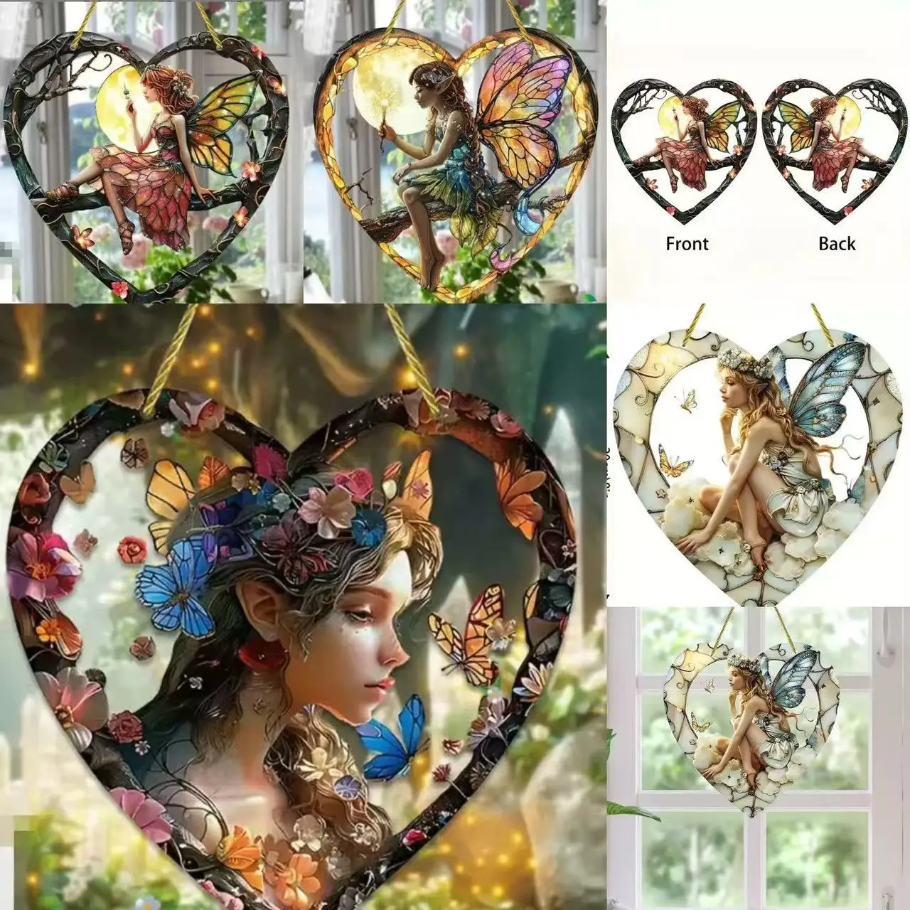 1pcs heart-shaped elf light catching flower fairy hanging home decoration, farmhouse window decoration pendant.