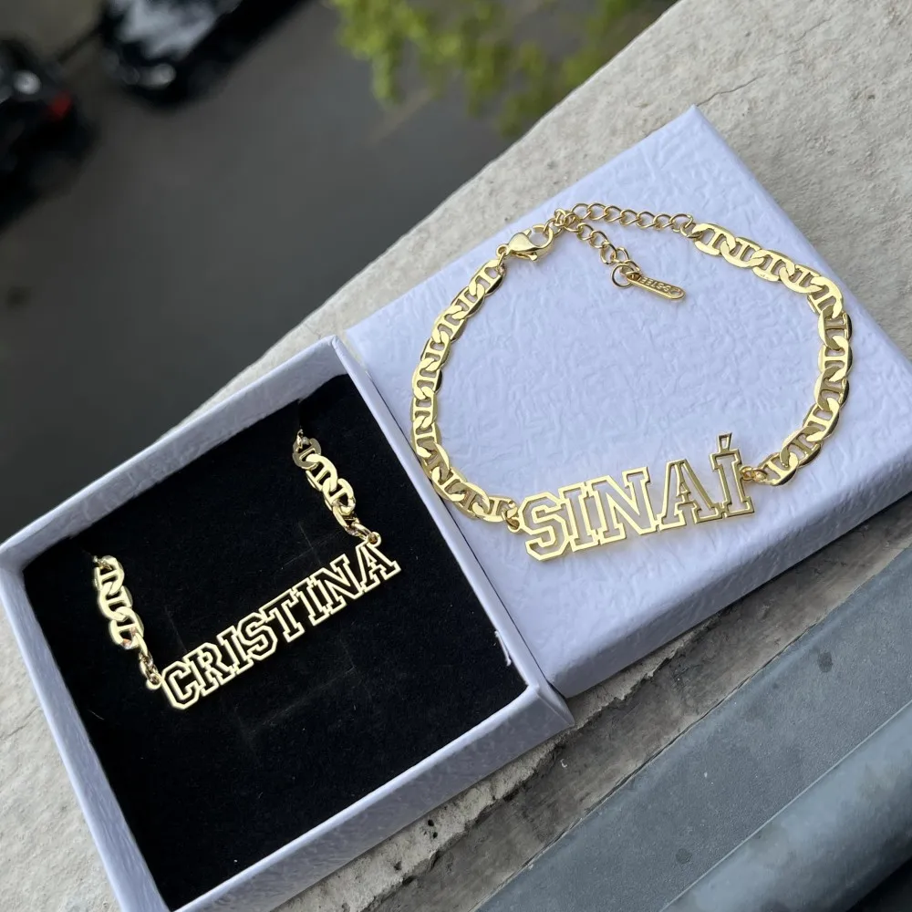 DUOYING-collar hueco con nombre personalizado, pulsera de letras doradas de Hip-Hop con cadena de Clip plano, conjunto de joyería de acero inoxidable